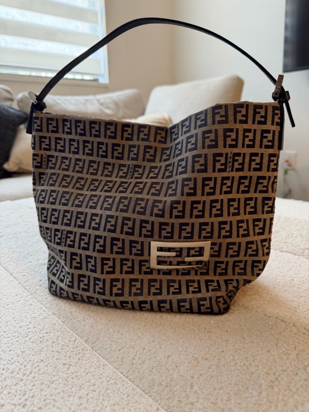 Fendi FF Logo Canvas Shoulder Bag in blue and grey, black leather handle